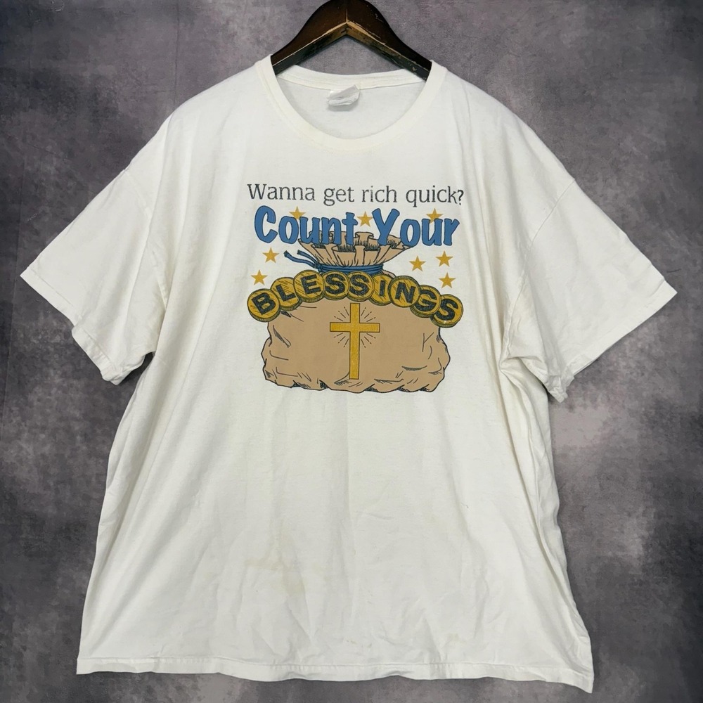 VTG Count Your Blessings Shirt Men's 2XL White Christian Cross Graphic Hanes Tee
